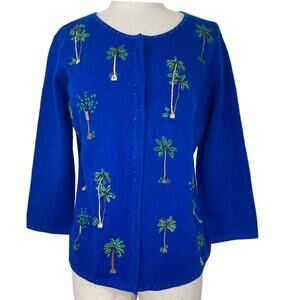 Embroidered & beaded Palm tree cardigan sweater, royal blue button front knit
